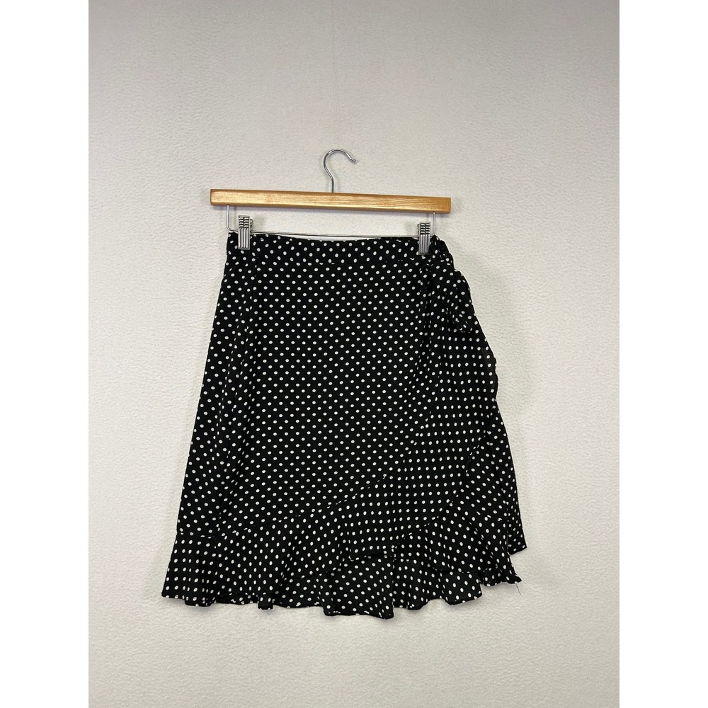 Retro Rockabilly Max Studio Womens M Black White Polka Dot Ruffle Wrap Skirt